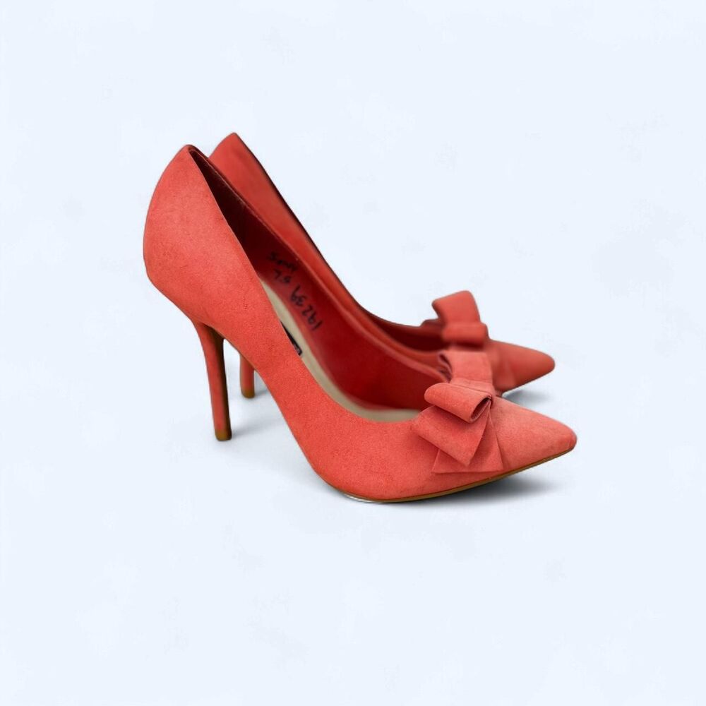 Suede Pointed Toe Bow Pumps Coral Pink Salmon High Stiletto Heels Retro Glam